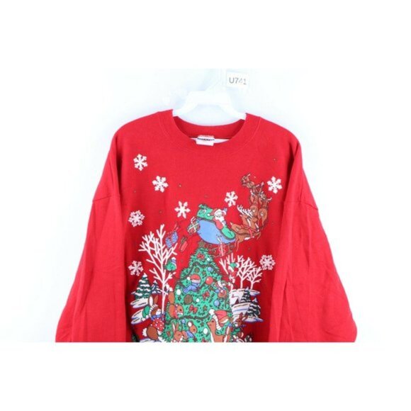 Vintage 90s Womens Large Santa Claus Christmas Nature Faded Sweatshirt Red USA - Picture 2 of 8